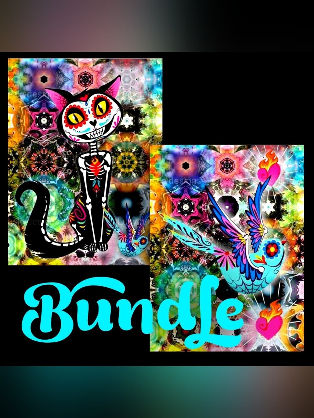 Bundle Psychedelic Sugar Skull Kitty Cat & Sparrow Vivid Bright Goth Whimsy Art